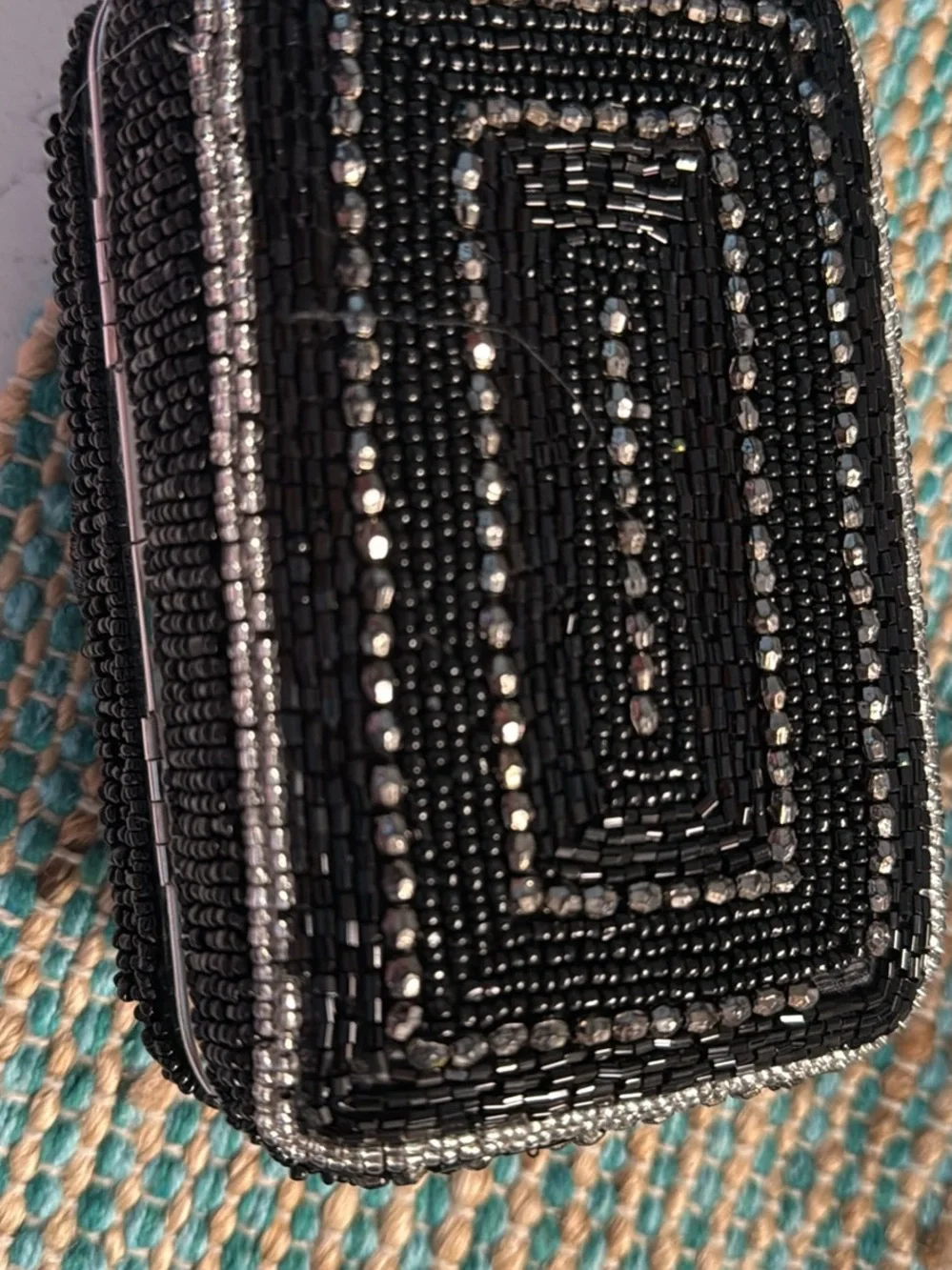 Black Beaded Camera-Shaped Evening Clutch with Crystal Accents